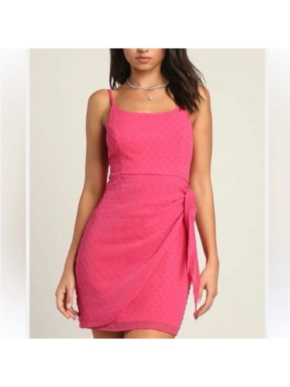 Lulus Stole Your Love Hot Pink Swiss Dot Faux Wrap Mini Dress Size Medium